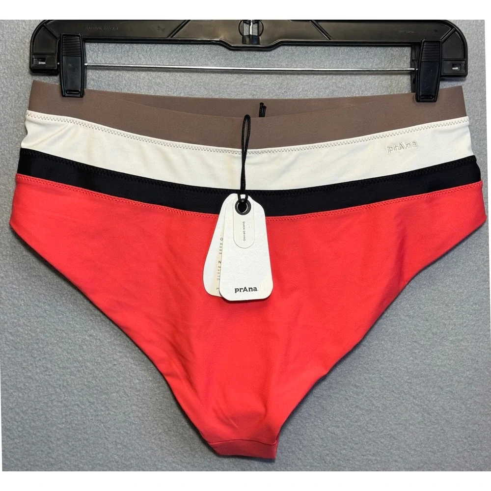 PRANA Baja Bound High Rise Bottom Women L Rose Fire Colorblock Bikini Swim